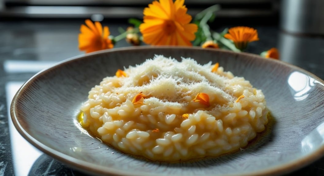 risotto con calendula y parmesano